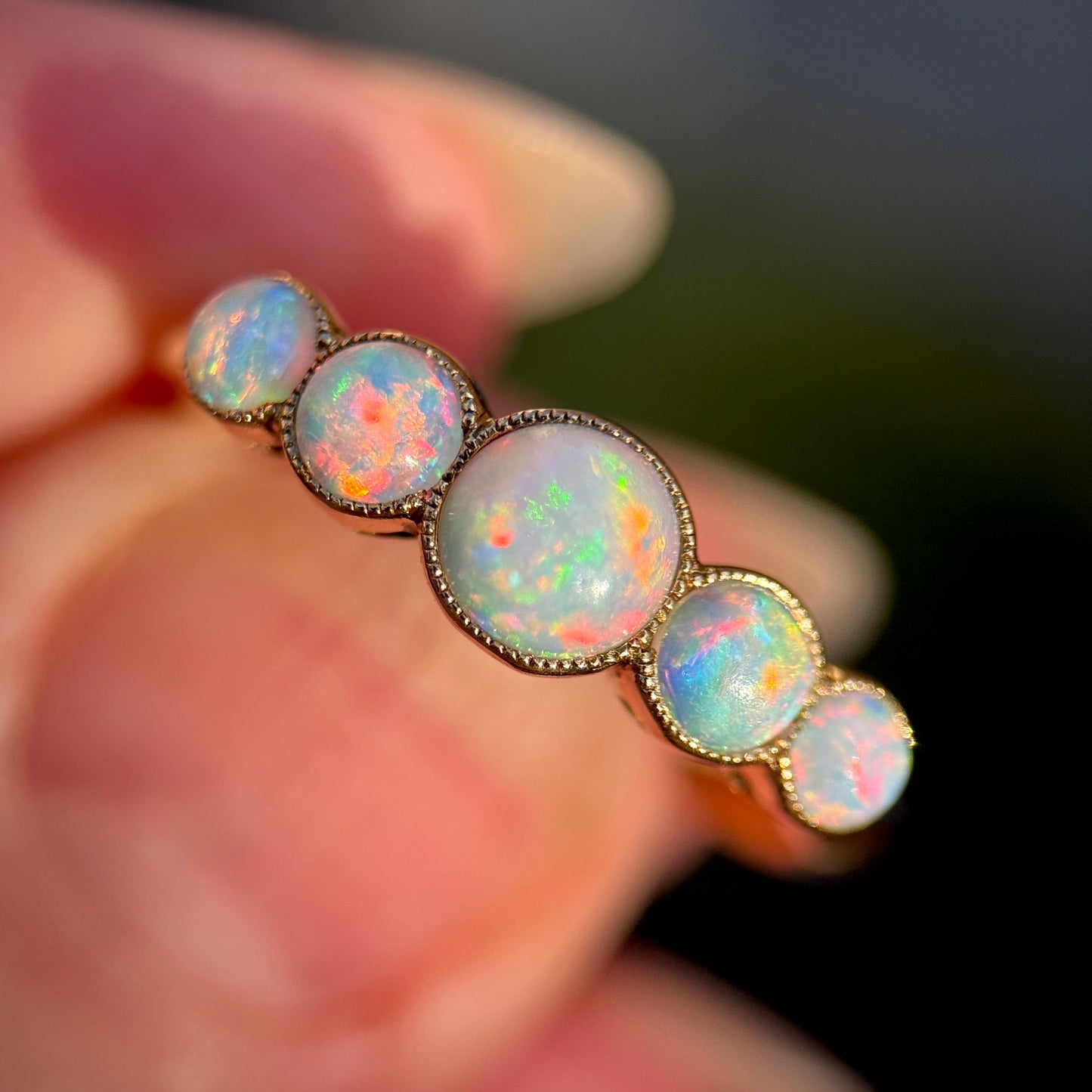 18CT Gold antique fiery crystal Opal five stone half hoop milgrain set ring