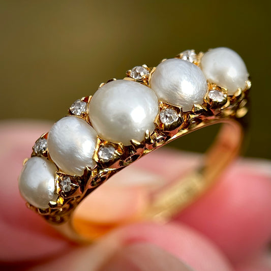 HUGE 18CT Gold Antique Pearl & old cut diamond five stone half hoop ring 7.8g