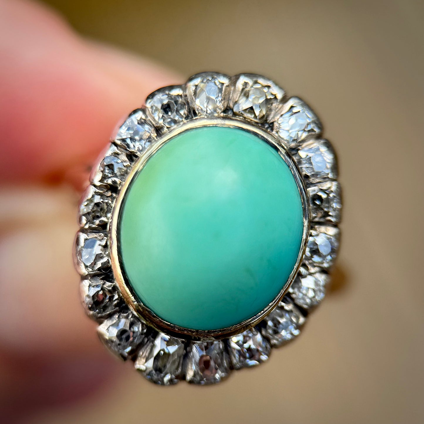 18ct Gold Antique Turquoise & 0.92ct Old Mine Cut Diamond Cluster Cocktail Ring