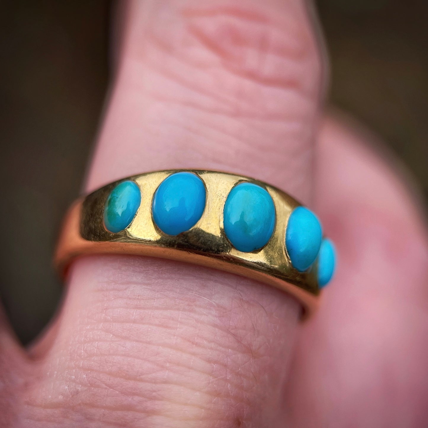 18ct Gold Antique Victorian Turquoise 5 Stone Gypsy Ring size S1 /2 HEAVY 6.8g