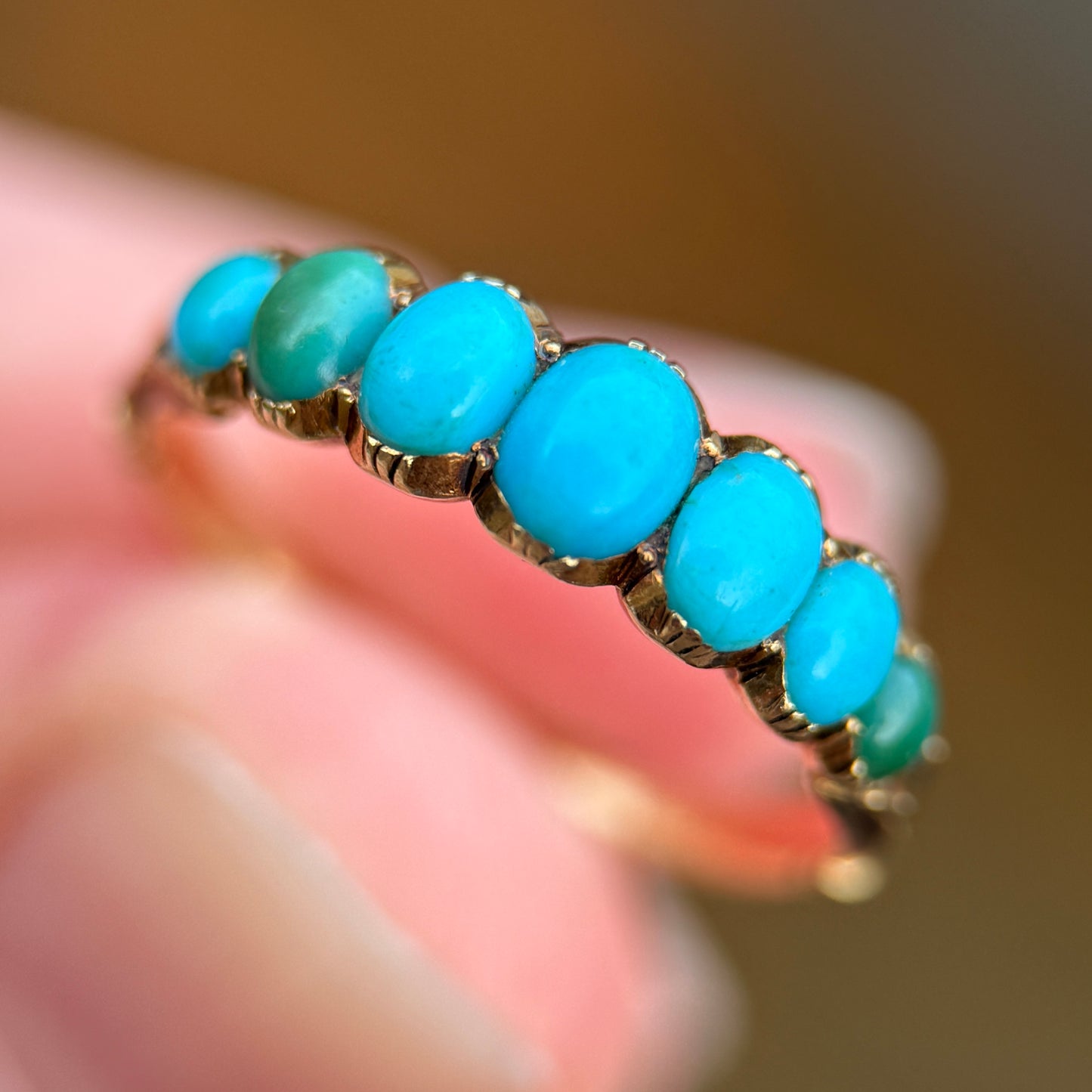 18CT Gold Antique Georgian Turquoise Seven Stone Half Hoop Ring Size K 1/2