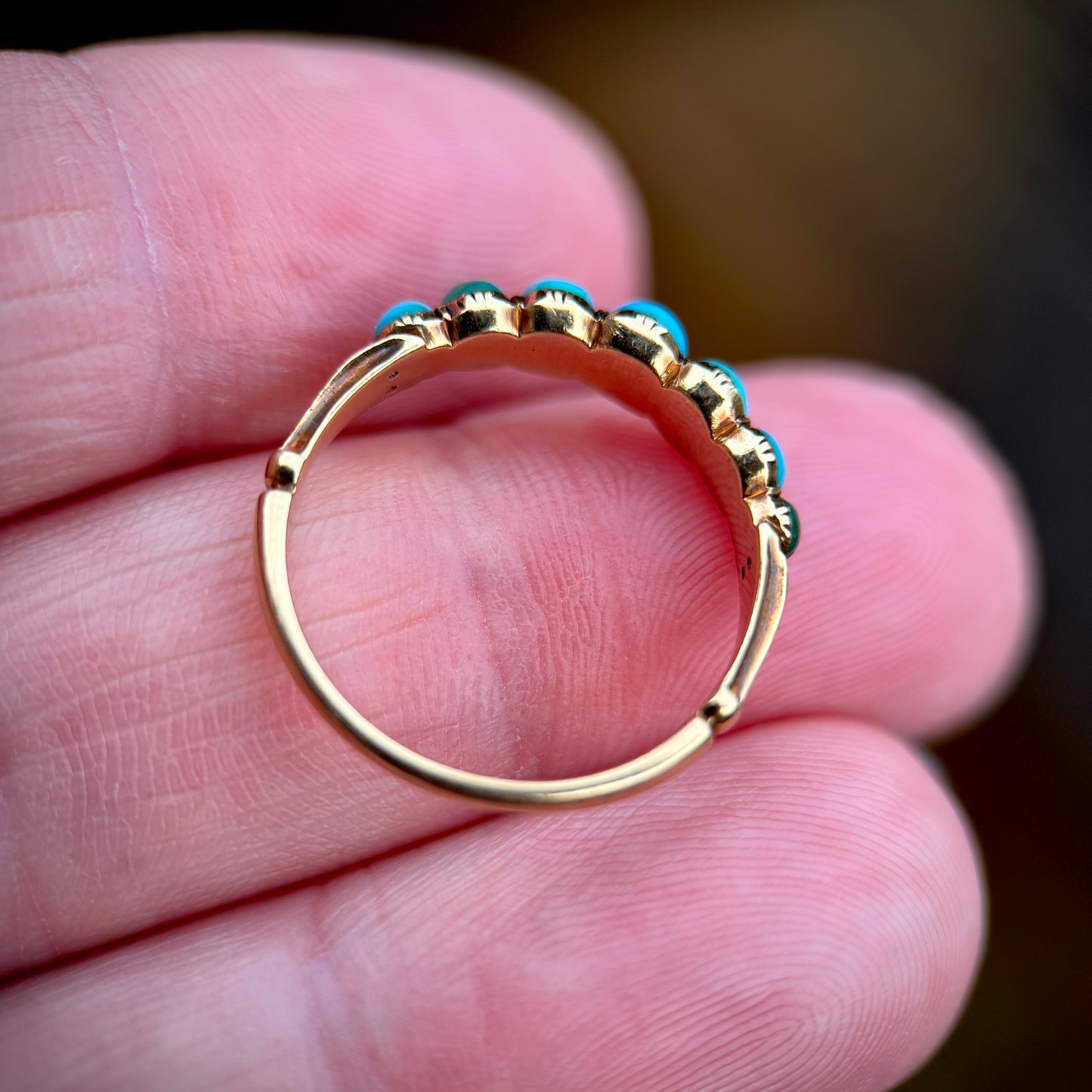 18CT Gold Antique Georgian Turquoise Seven Stone Half Hoop Ring Size K 1/2