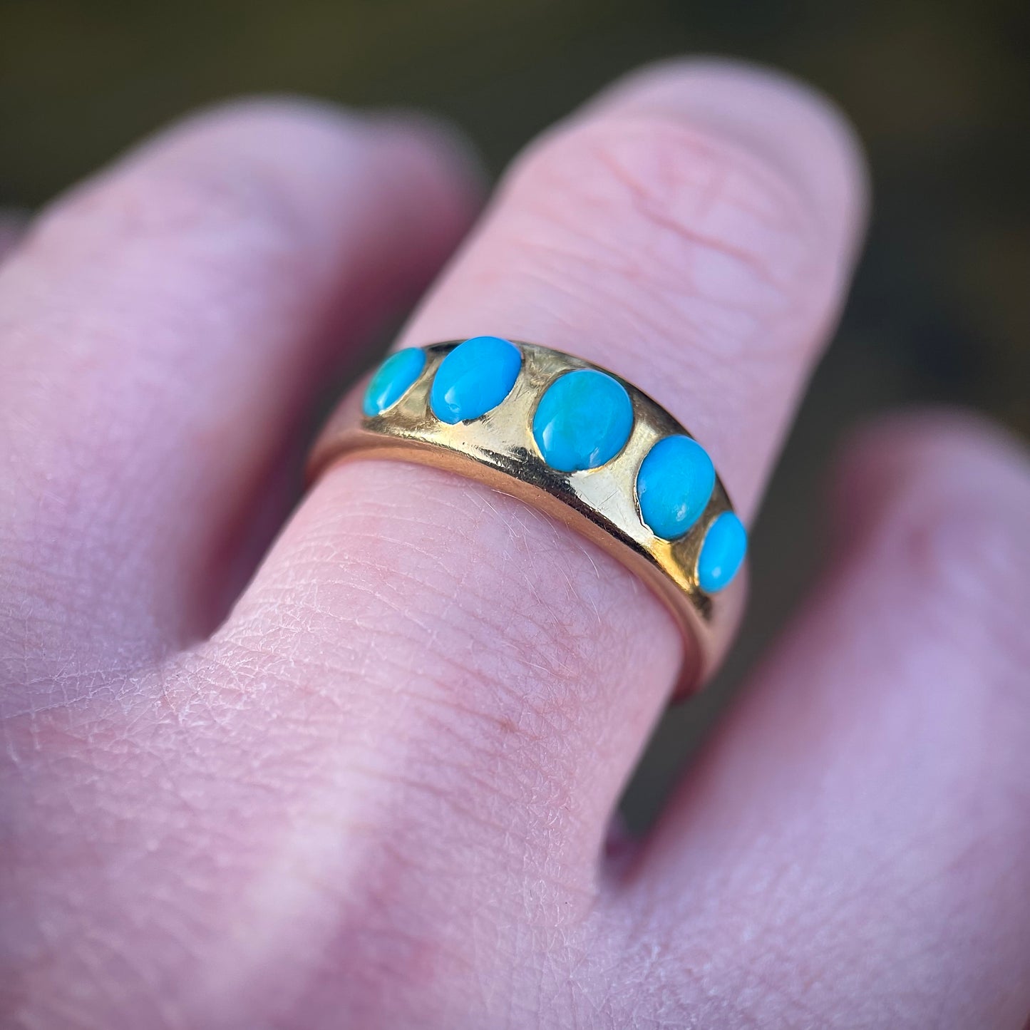 18ct Gold Antique Victorian Turquoise 5 Stone Gypsy Ring size S1 /2 HEAVY 6.8g