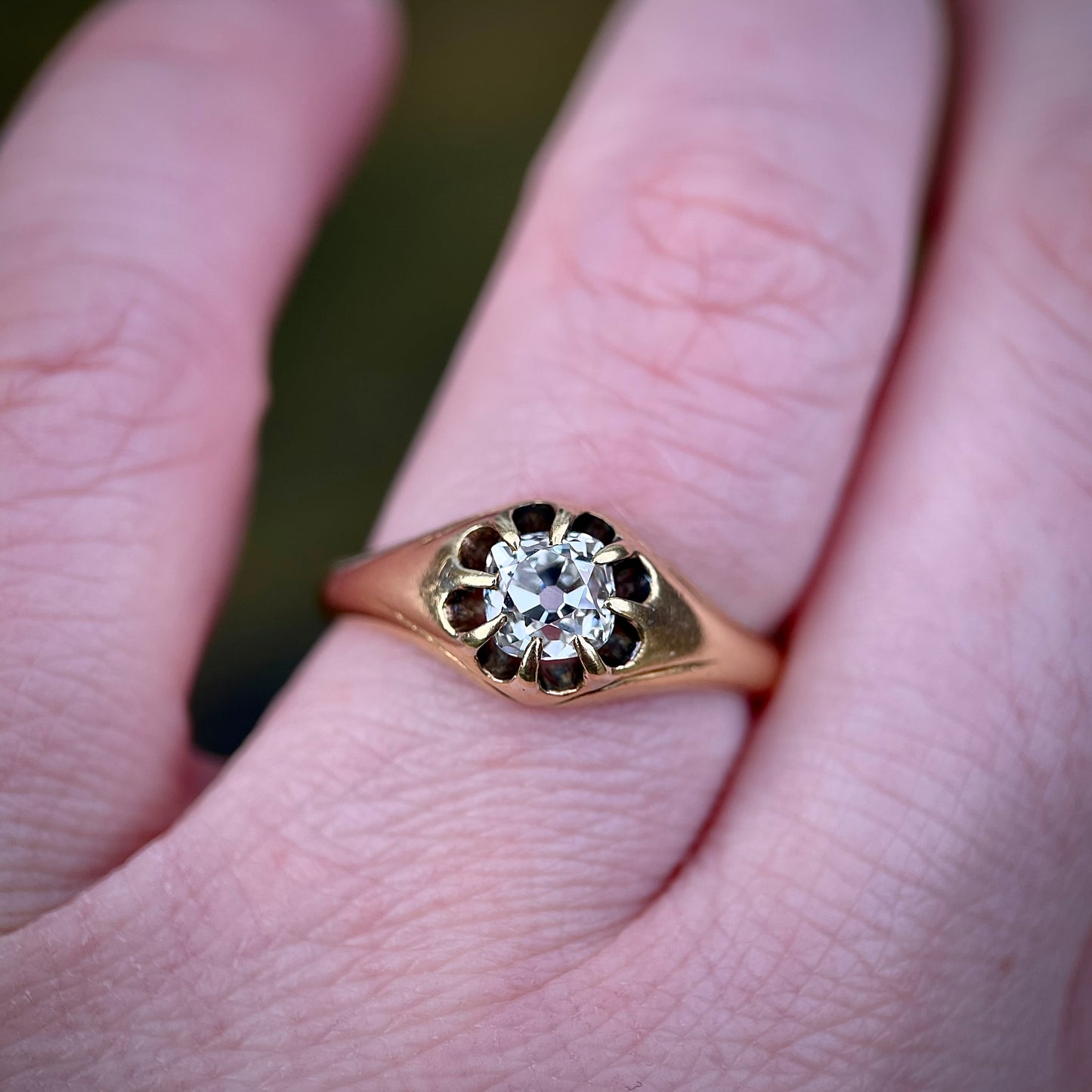 RARE 18ct Gold Antique 0.80ct Old Cut Peruzzi Diamond Solitaire Gypsy Ring