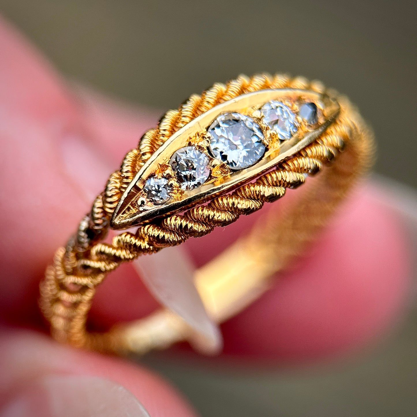18ct Gold Antique Old Cut Diamond Five Stone Ring Size P 1/2