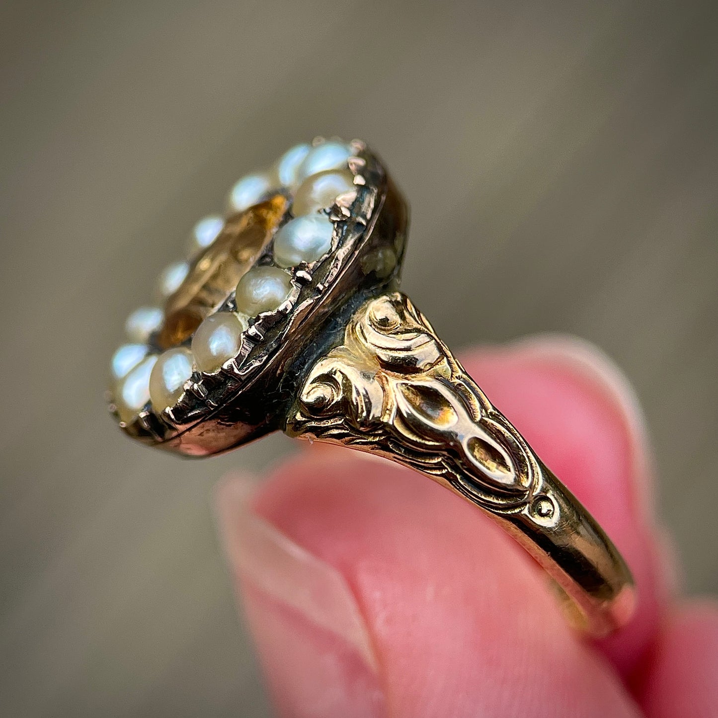 Antique Georgian Chased 15ct Gold Imperial Golden Topaz and Seed Pearl Ring