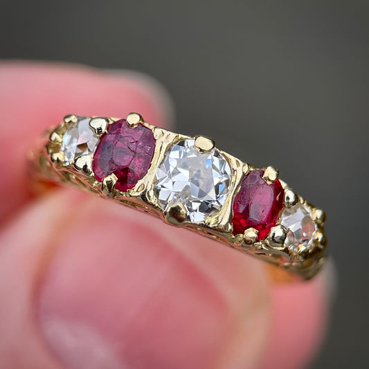 Antique Victorian Old Cut Diamond & Ruby Five 5 stone 18ct Gold Ring Size L