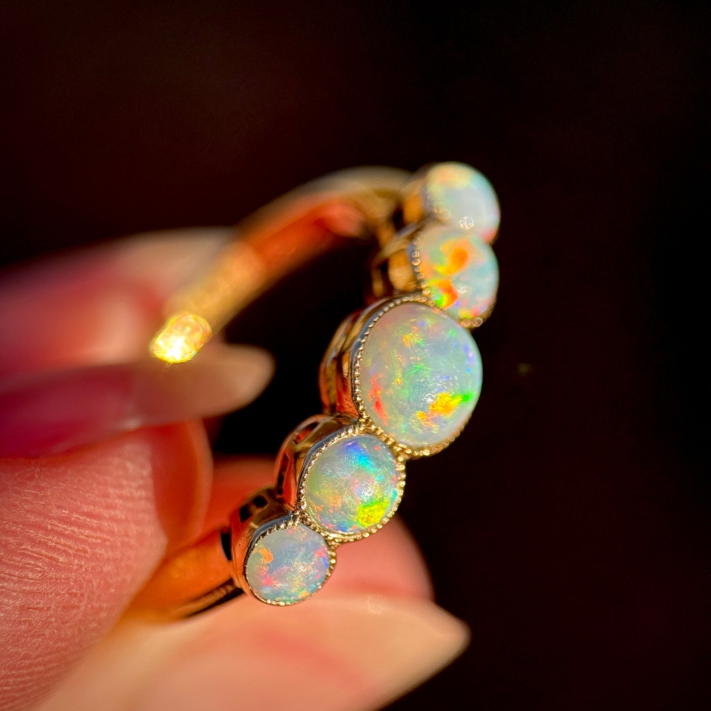 18CT Gold antique fiery crystal Opal five stone half hoop milgrain set ring