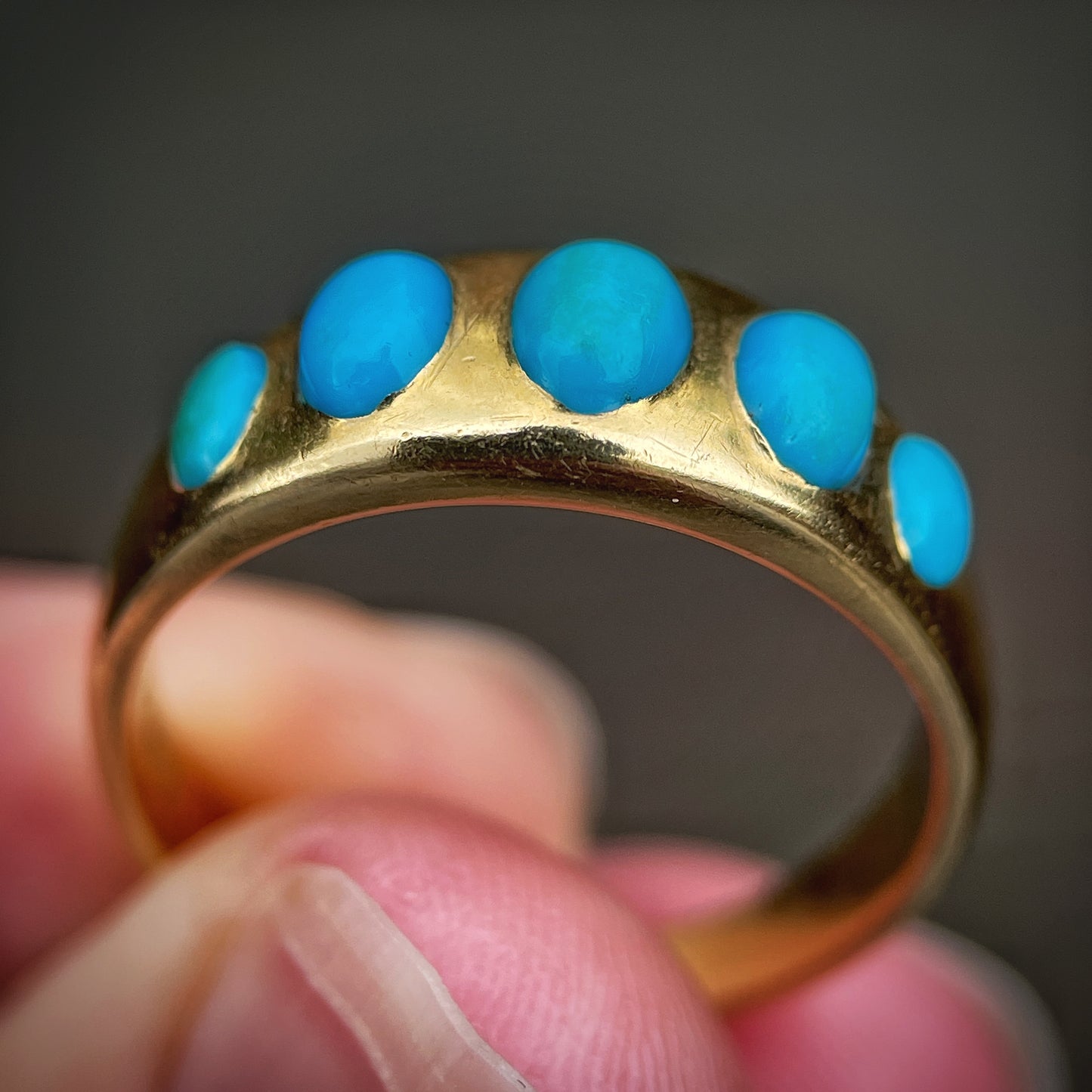 18ct Gold Antique Victorian Turquoise 5 Stone Gypsy Ring size S1 /2 HEAVY 6.8g