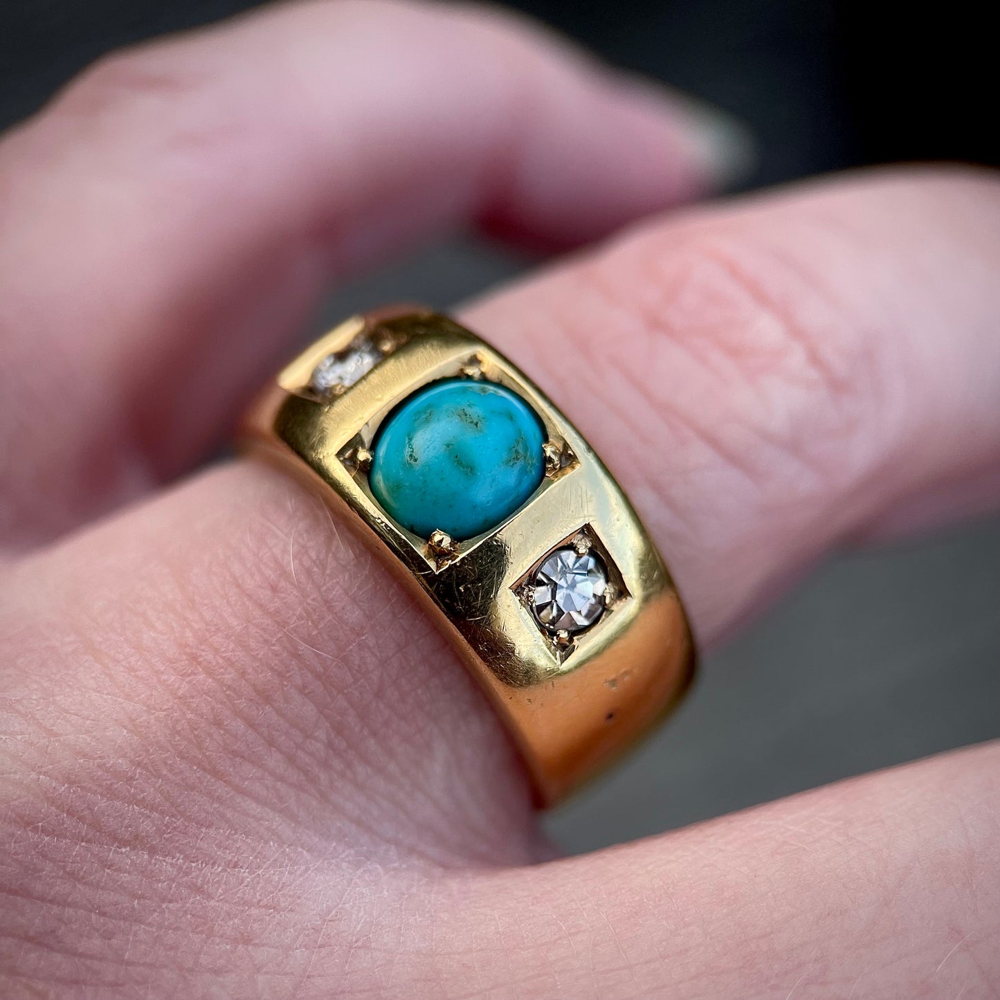 18CT Gold Antique Victorian Turquoise Old Cut Diamond 3 Stone Gypsy Ring 15.8g