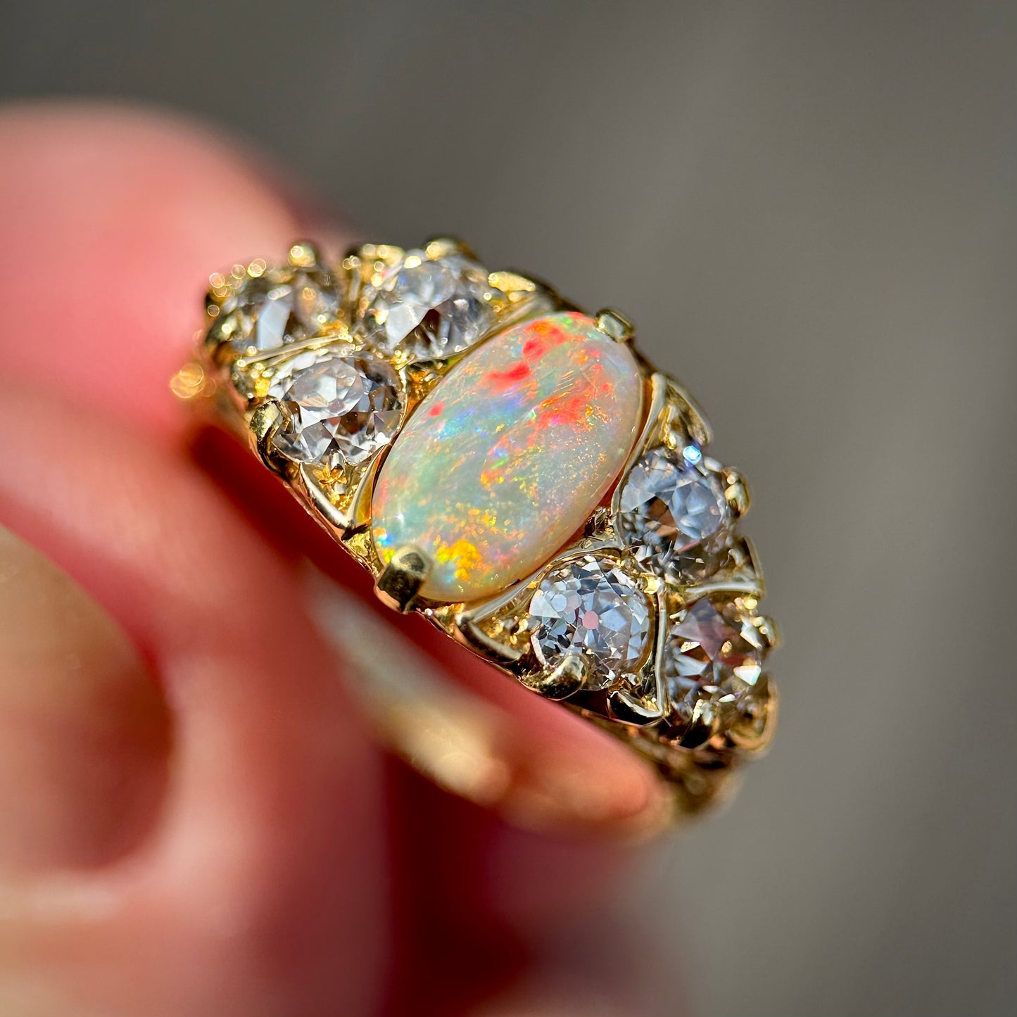 18CT Gold Antique Victorian Black Crystal Dark Opal 1.2ct Old Cut Diamond Ring