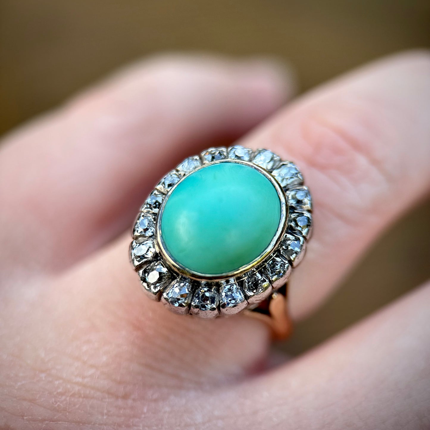18ct Gold Antique Turquoise & 0.92ct Old Mine Cut Diamond Cluster Cocktail Ring