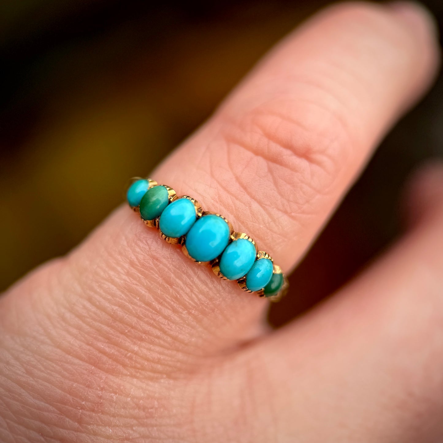 18CT Gold Antique Georgian Turquoise Seven Stone Half Hoop Ring Size K 1/2