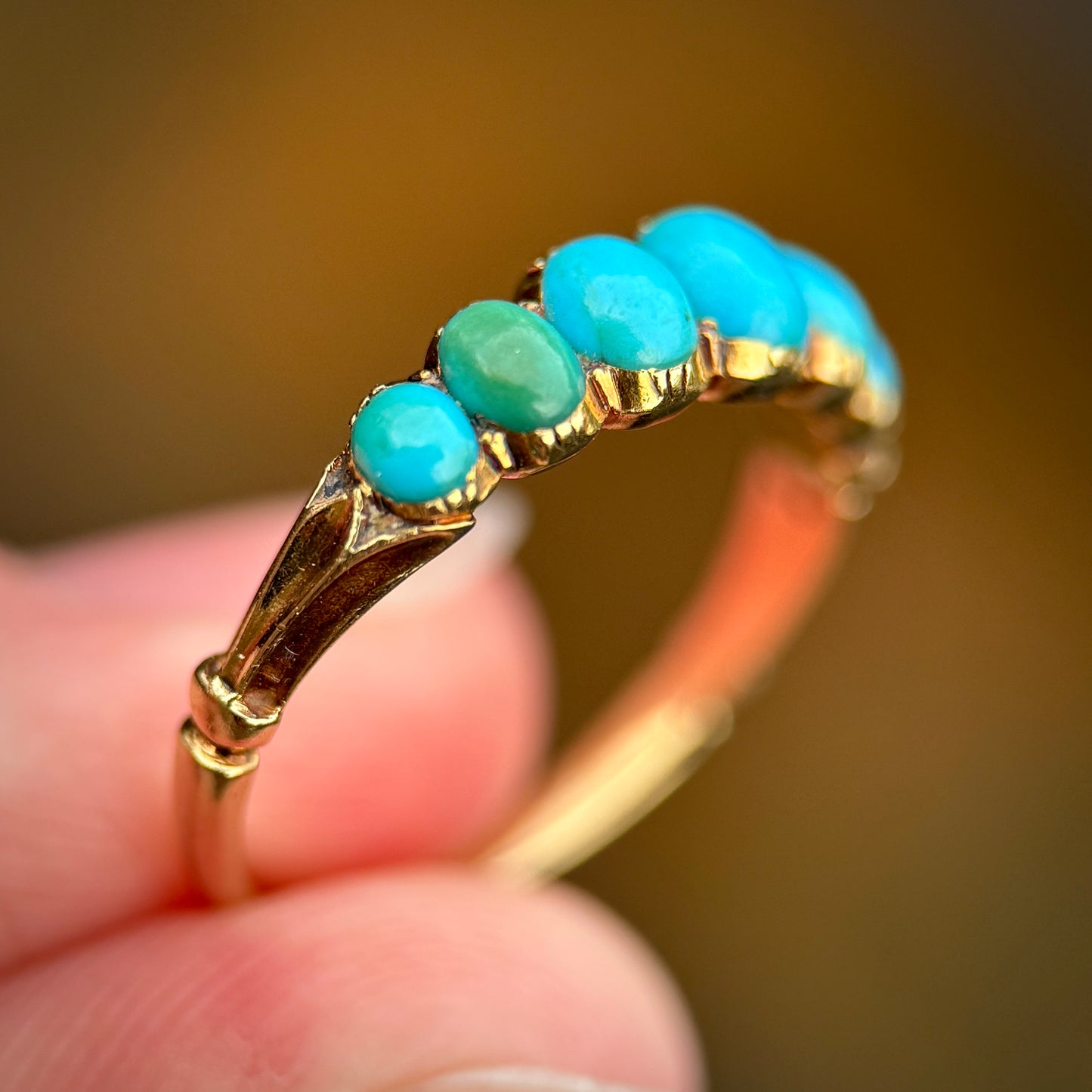 18CT Gold Antique Georgian Turquoise Seven Stone Half Hoop Ring Size K 1/2