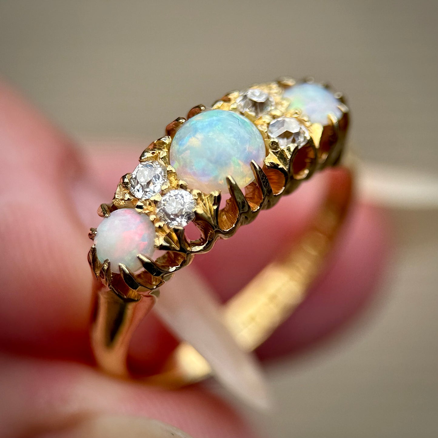 DEPOSIT PAYMENT 1 *** 18CT Gold Antique Fully Hallmarked Fiery Crystal Opal & Old Cut Diamond Ring