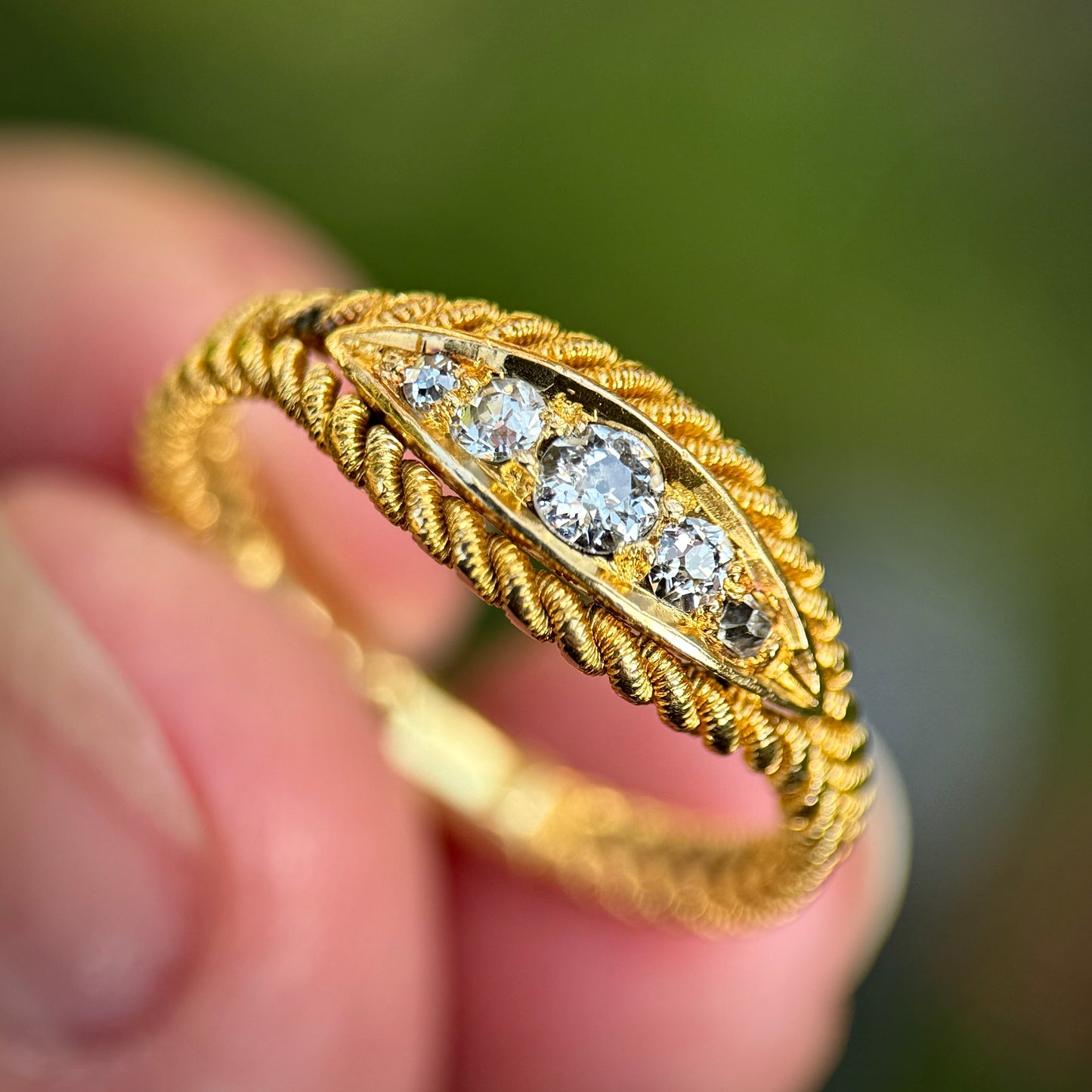 18ct Gold Antique Old Cut Diamond Five Stone Ring Size P 1/2