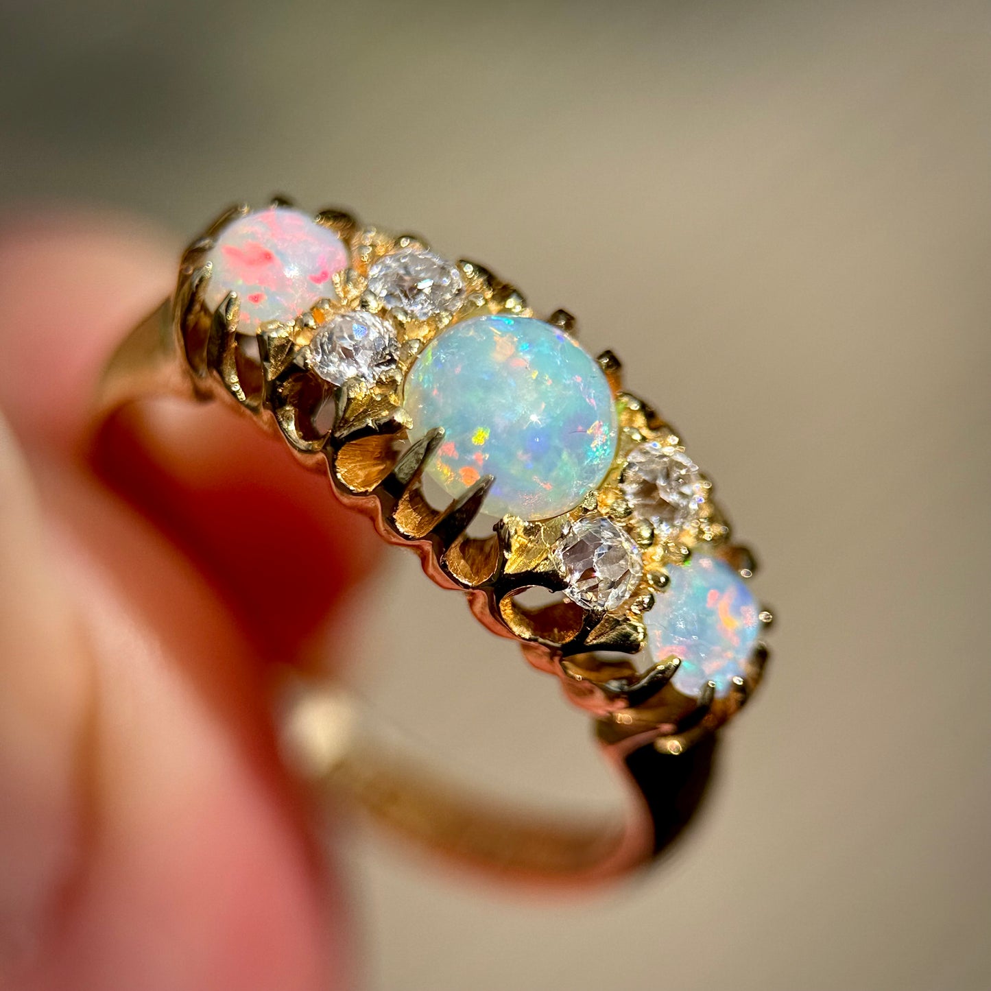 DEPOSIT PAYMENT 1 *** 18CT Gold Antique Fully Hallmarked Fiery Crystal Opal & Old Cut Diamond Ring