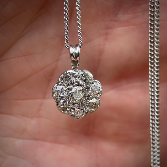 Antique 1.3CT Old Cut Diamond Daisy Pendant Charm & Chain 18" White Gold