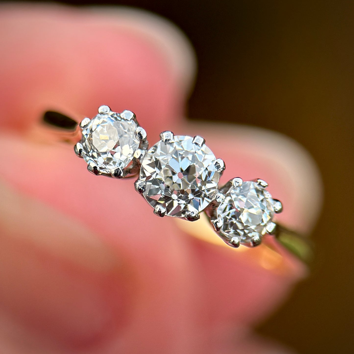 18ct Gold & Platinum Antique 0.75ct Old Cut Diamond Three Stone Trilogy Ring