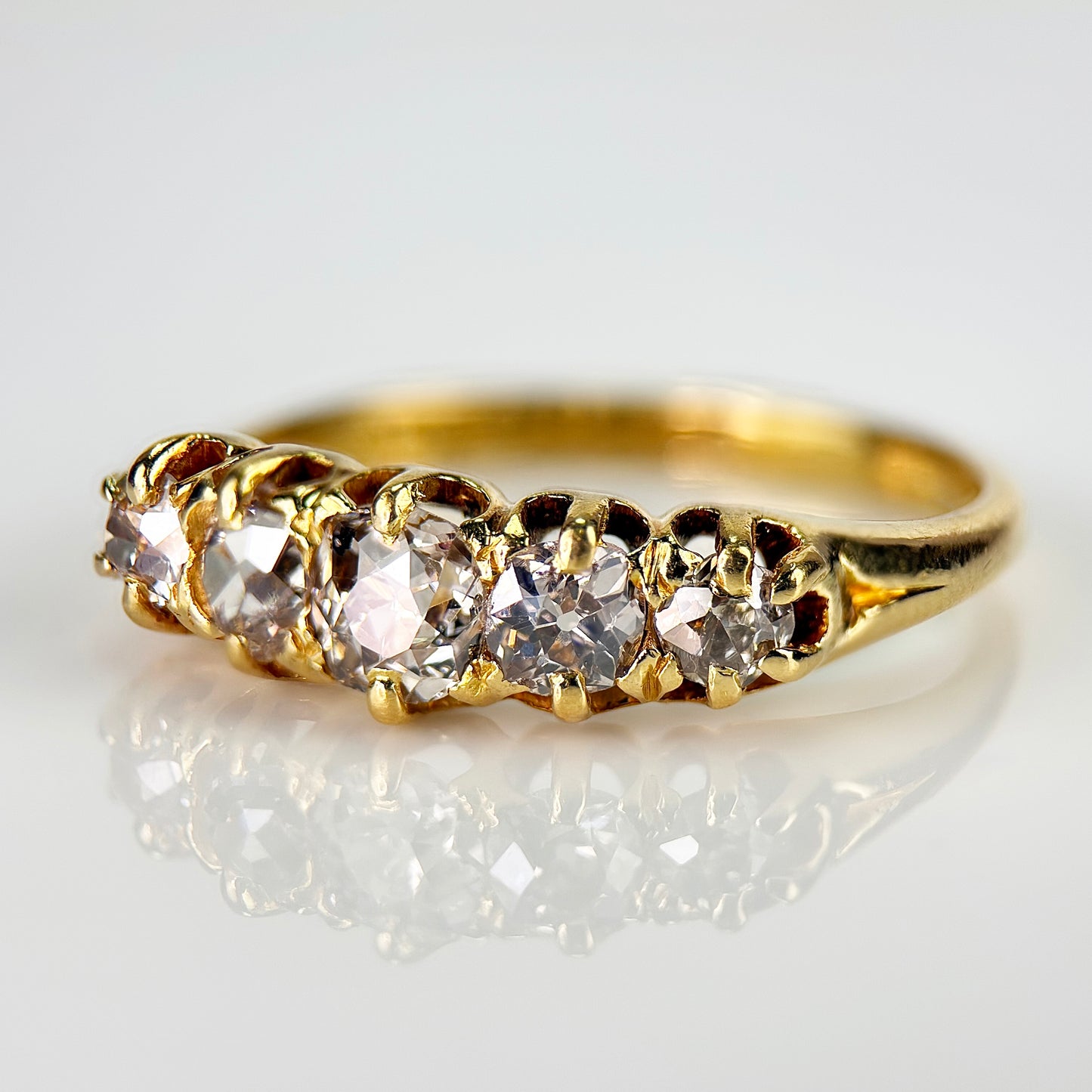 18ct Gold Antique 1.15ct Old Cut Diamond Five Stone Half Hoop Ring Size O