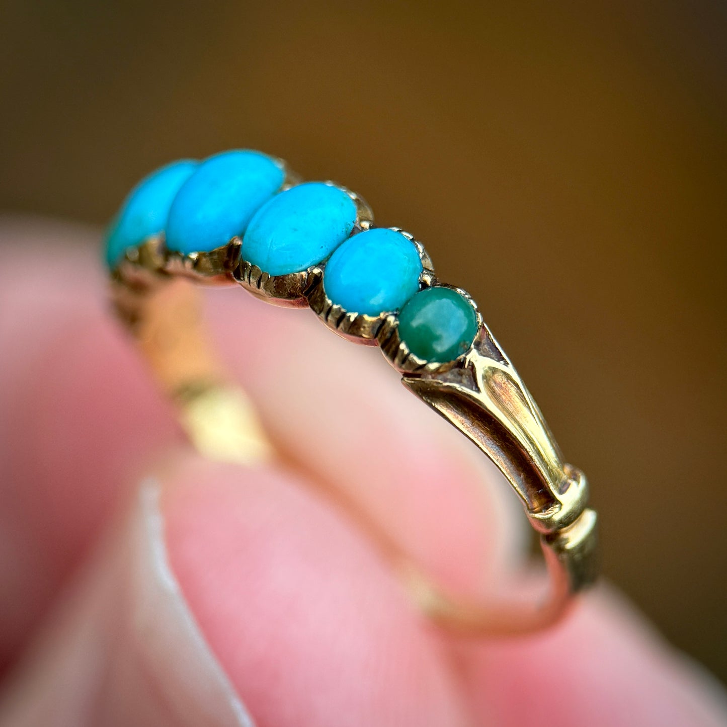 18CT Gold Antique Georgian Turquoise Seven Stone Half Hoop Ring Size K 1/2