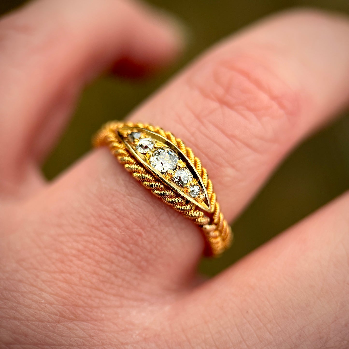 18ct Gold Antique Old Cut Diamond Five Stone Ring Size P 1/2