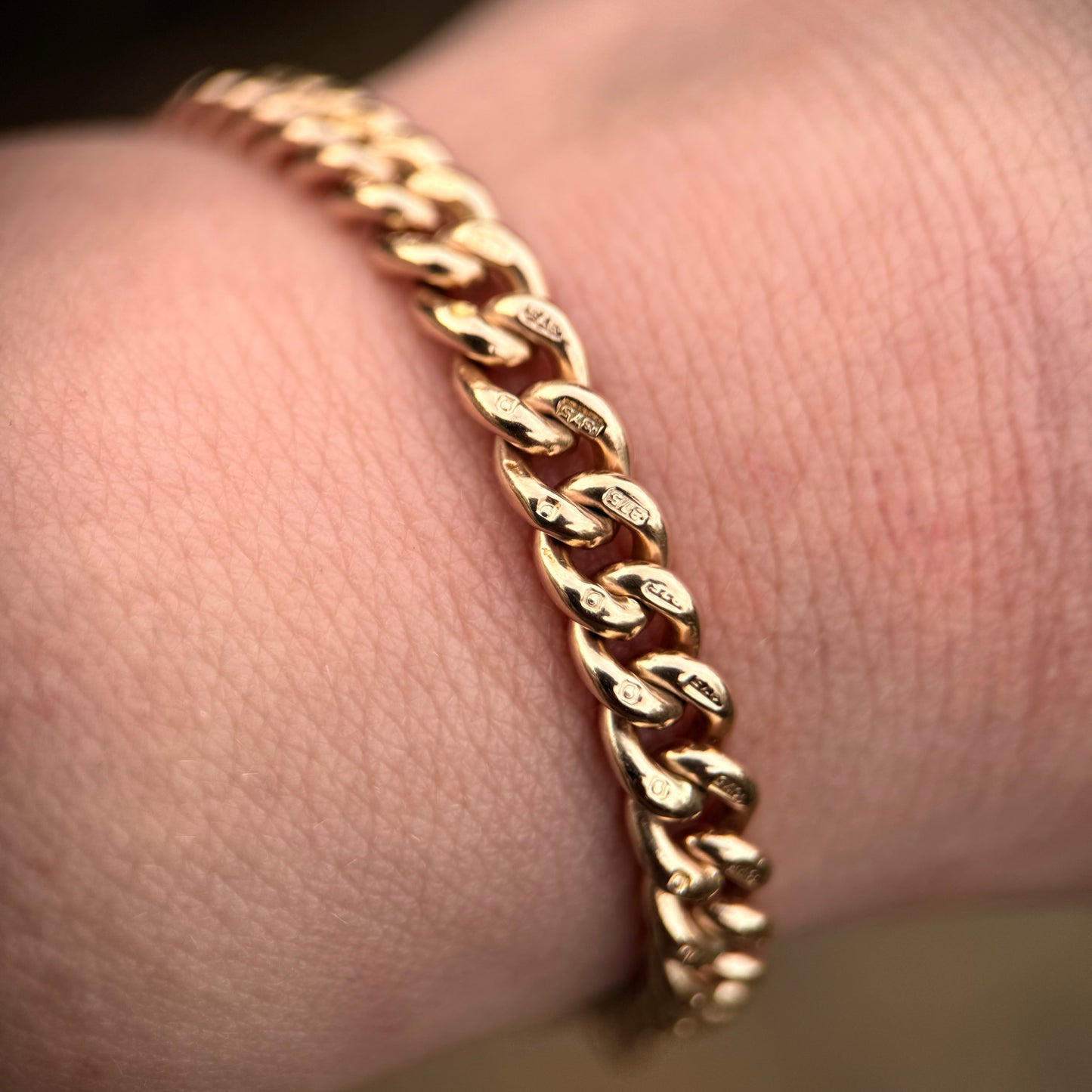 Antique 9CT Solid Rose Gold Curb Chain Bracelet 7 3/4 Inches Dog Clip 19.3 grams