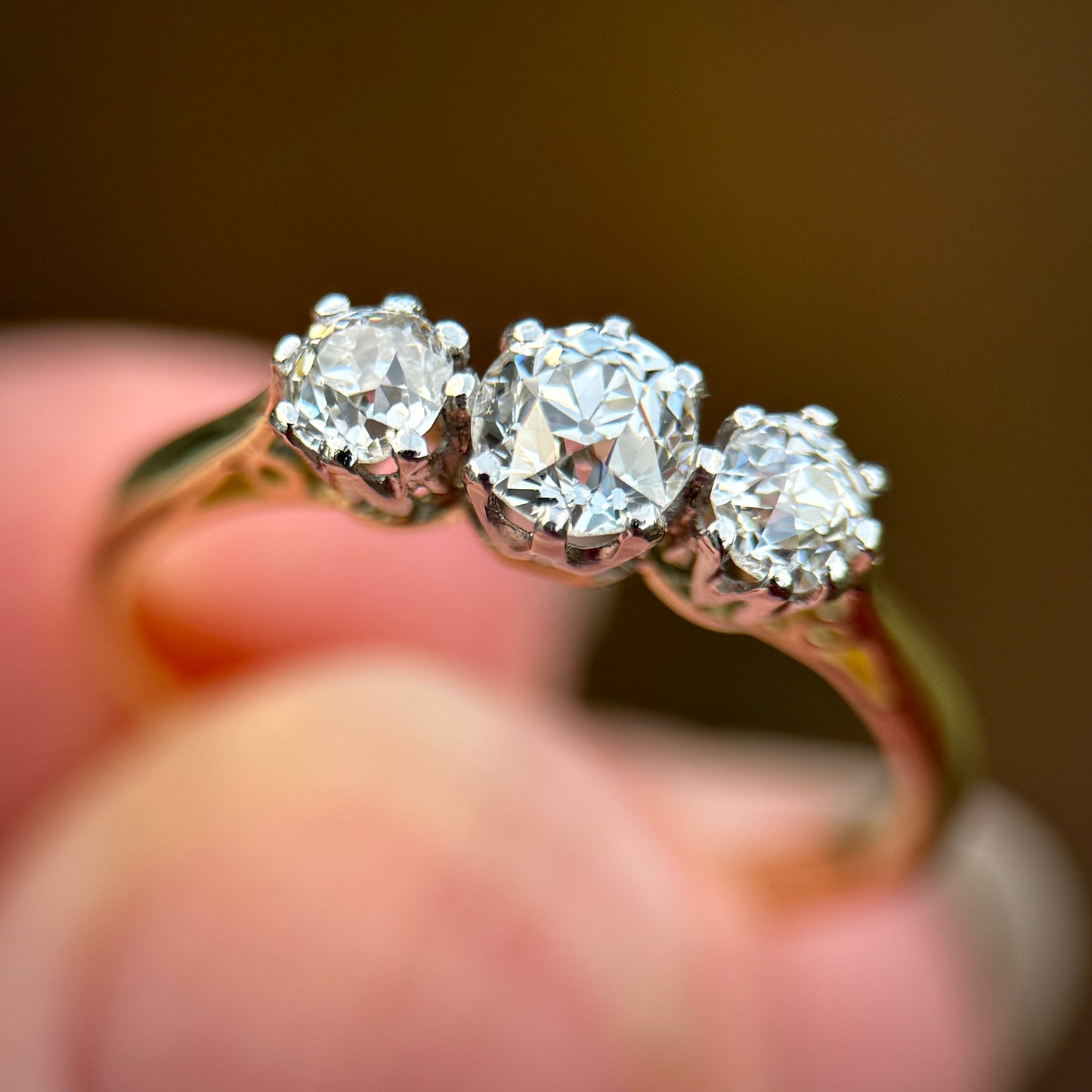 18ct Gold & Platinum Antique 0.75ct Old Cut Diamond Three Stone Trilogy Ring