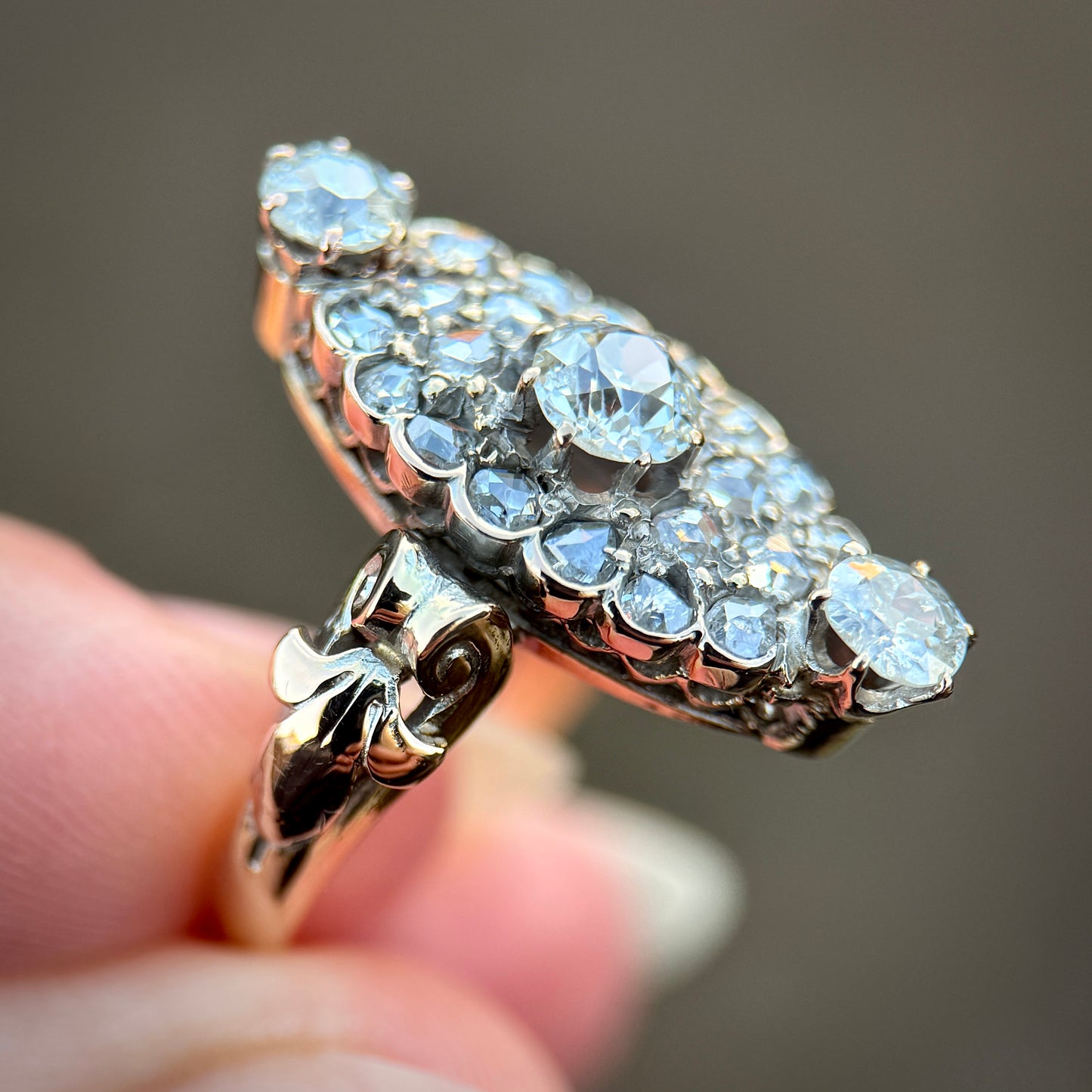 18ct Gold Antique Victorian 2.00ct Old Cut & Rose Cut Diamond Navette Ring