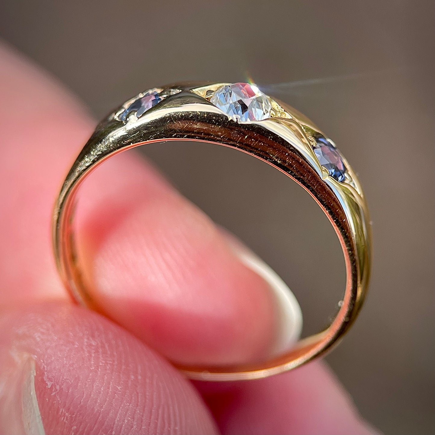 18ct Gold Antique Three Stone Old Cut Diamond & Sapphire Gypsy Ring Band