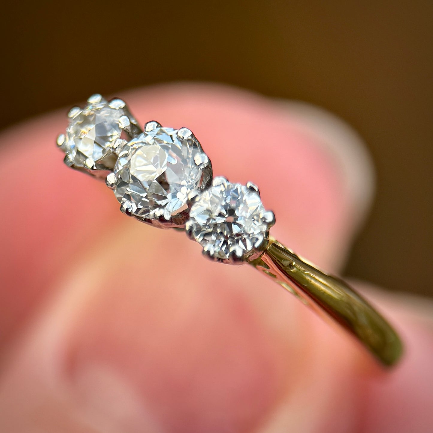 18ct Gold & Platinum Antique 0.75ct Old Cut Diamond Three Stone Trilogy Ring