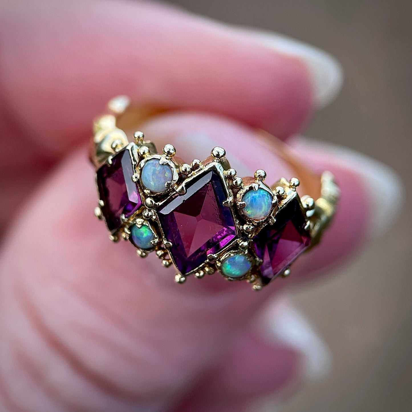 18ct Gold Antique Amethyst & Opal Art Nouveau Arts & Crafts Ring Size J