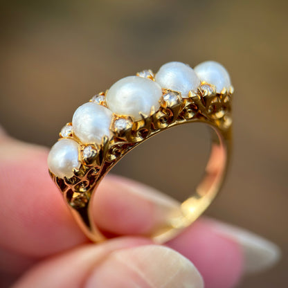 HUGE 18CT Gold Antique Pearl & old cut diamond five stone half hoop ring 7.8g