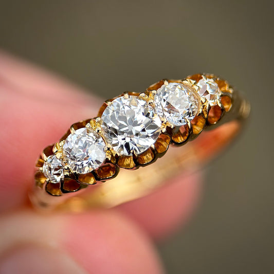 18ct Gold 0.87ct Antique Fully Hallmarked Old Cut Diamond Five Stone Ring