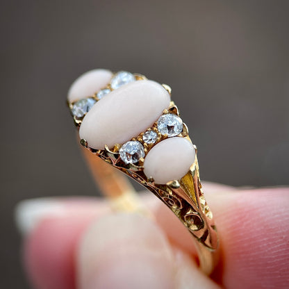 18CT Gold Antique Edwardian (1907) Angel Skin Coral & Old Cut Diamond Ring