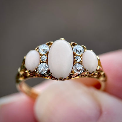 18CT Gold Antique Edwardian (1907) Angel Skin Coral & Old Cut Diamond Ring