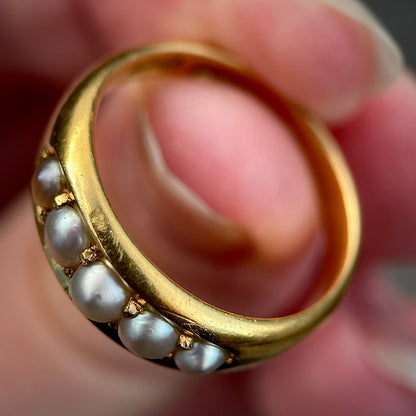 Heavy 18CT Gold Antique Pearl five stone half hoop gypsy ring 7.4g Size R 1/2