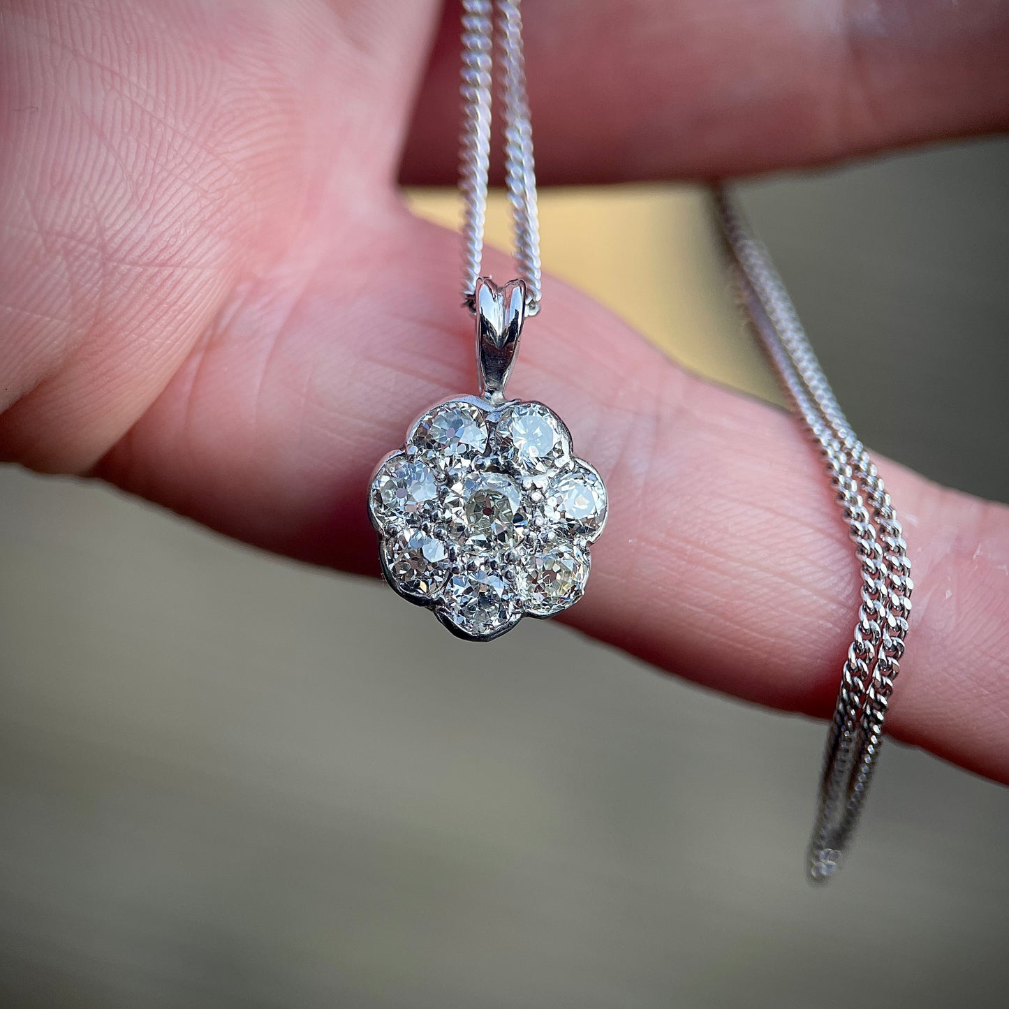 Antique 1.3CT Old Cut Diamond Daisy Pendant Charm & Chain 18" White Gold