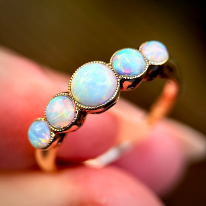 18CT Gold antique fiery crystal Opal five stone half hoop milgrain set ring