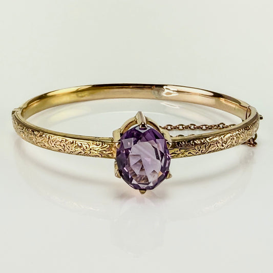 9ct Gold Antique Amethyst Art Nouveau bangle bracelet  7 1/4 inch 10 Grams Heavy