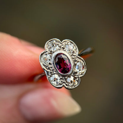 18ct Gold Plat Antique Edwardian Old Cut Diamond & Ruby Daisy Cluster Ring