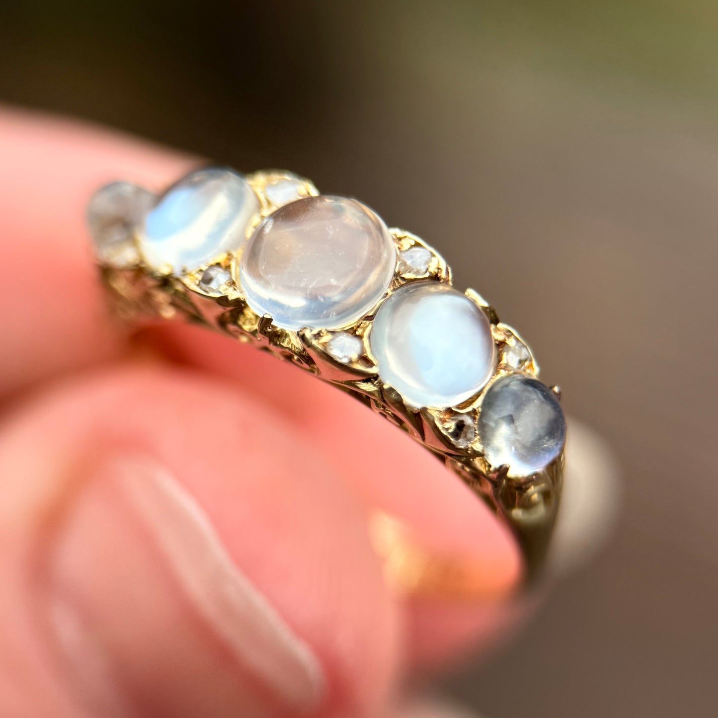 *RESERVED* + resize to a P 18ct Gold Antique Fully Hallmarked Moonstone & Old Cut Diamond Half Hoop Ring