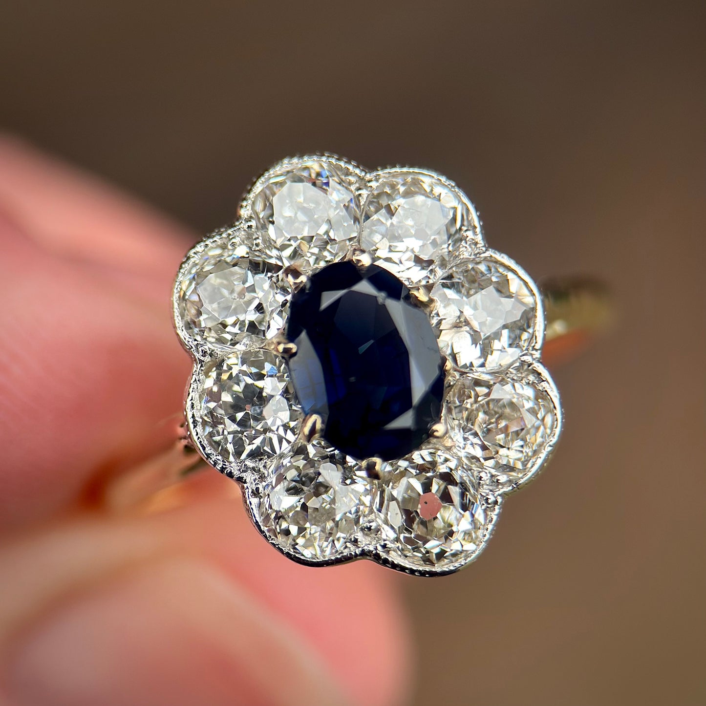 18ct Gold Plat Antique Edwardian Old Cut Diamond & Sapphire Daisy Cluster Ring