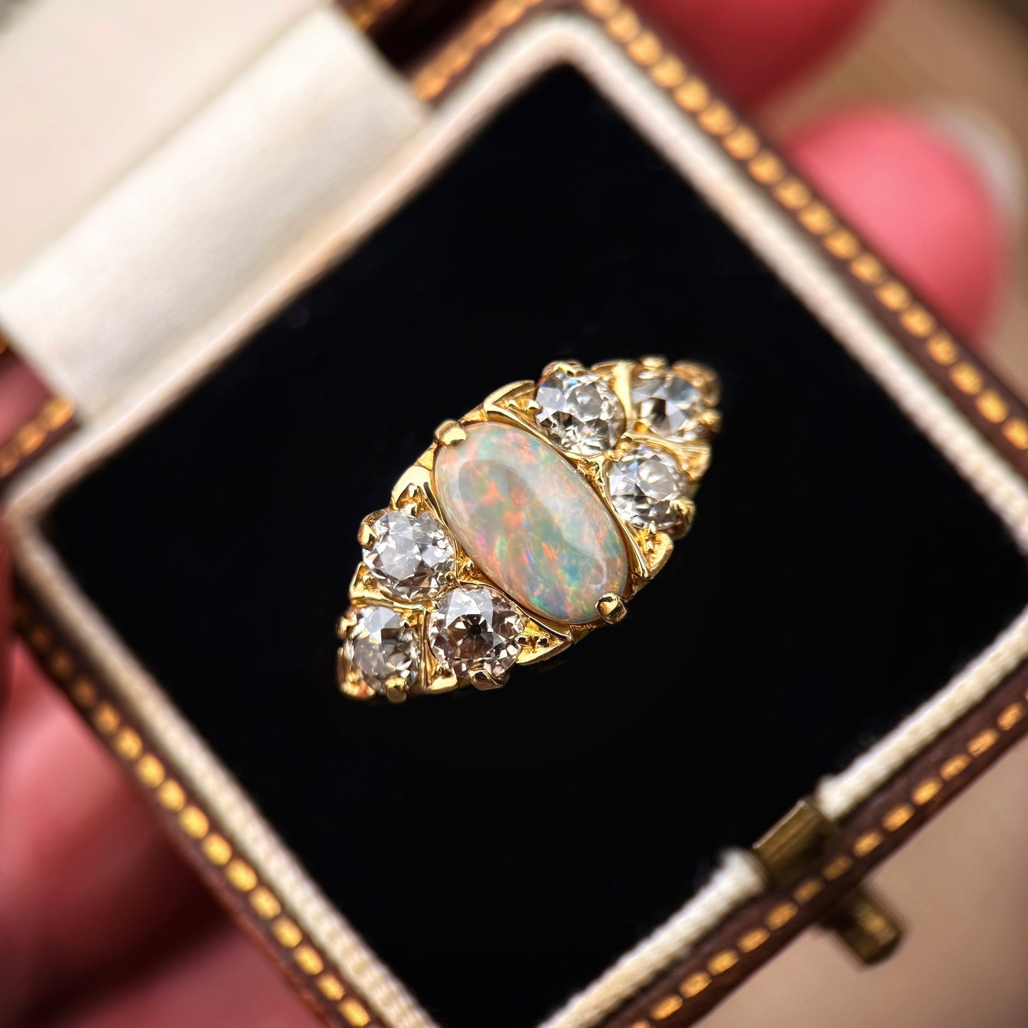 18CT Gold Antique Victorian Black Crystal Dark Opal 1.2ct Old Cut Diamond Ring