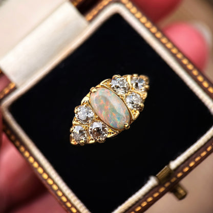 18CT Gold Antique Victorian Black Crystal Dark Opal 1.2ct Old Cut Diamond Ring