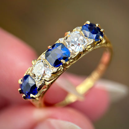 18ct Gold Antique Victorian 1.5ct Sapphire & 1ct Old Cut Diamond Five Stone Ring