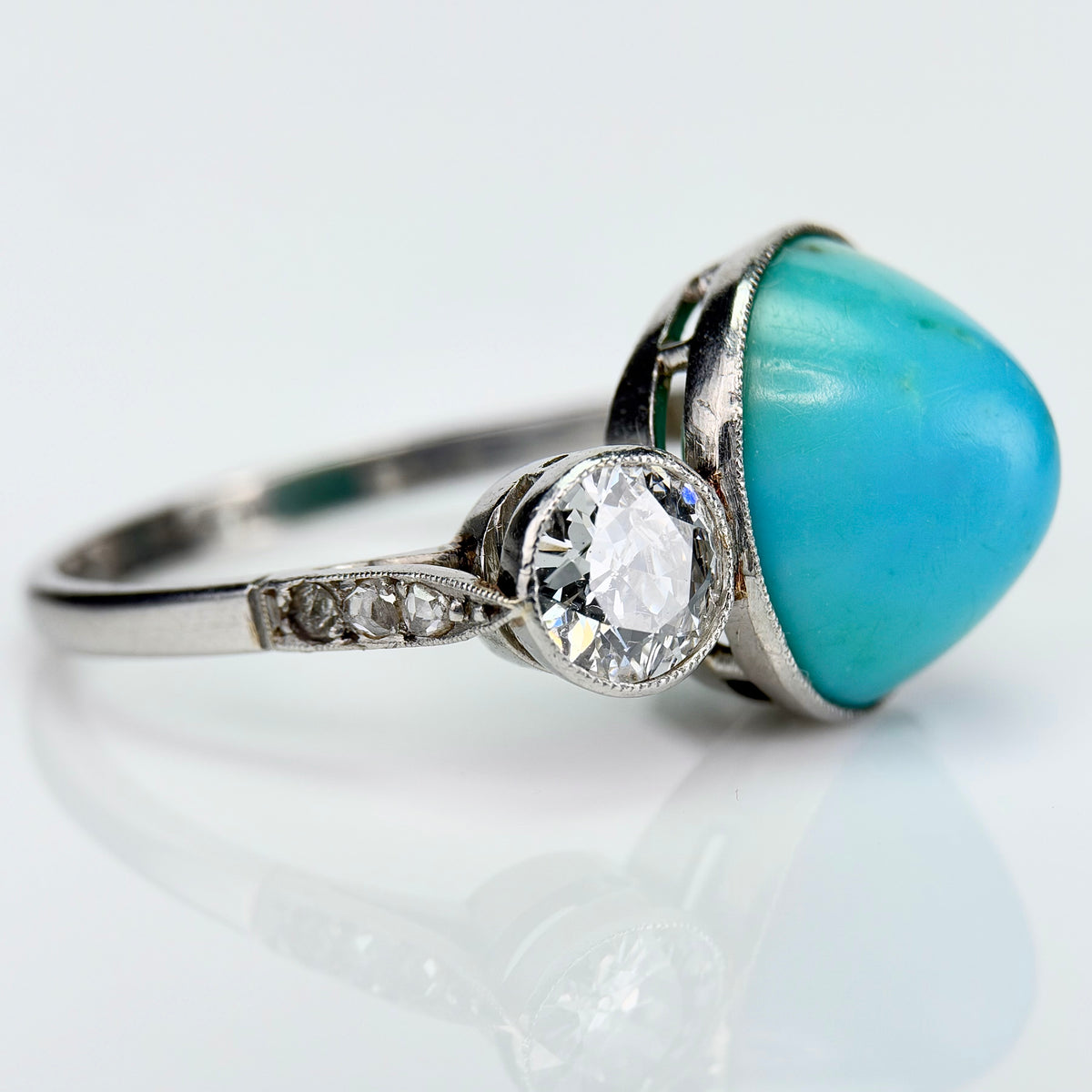 Platinum Art Deco Antique Sugarloaf Turquoise & Old Cut Diamond Three Stone Ring