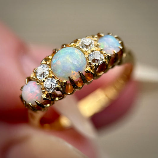 RESERVED PAYMENT 2 *** 18CT Gold Antique Fully Hallmarked Fiery Crystal Opal & Old Cut Diamond Ring