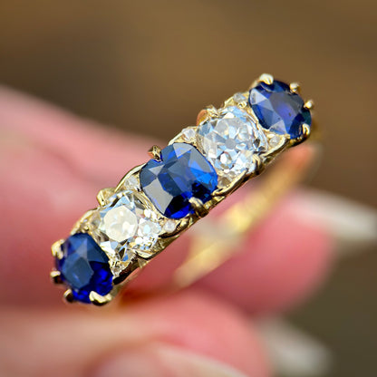 18ct Gold Antique Victorian 1.5ct Sapphire & 1ct Old Cut Diamond Five Stone Ring
