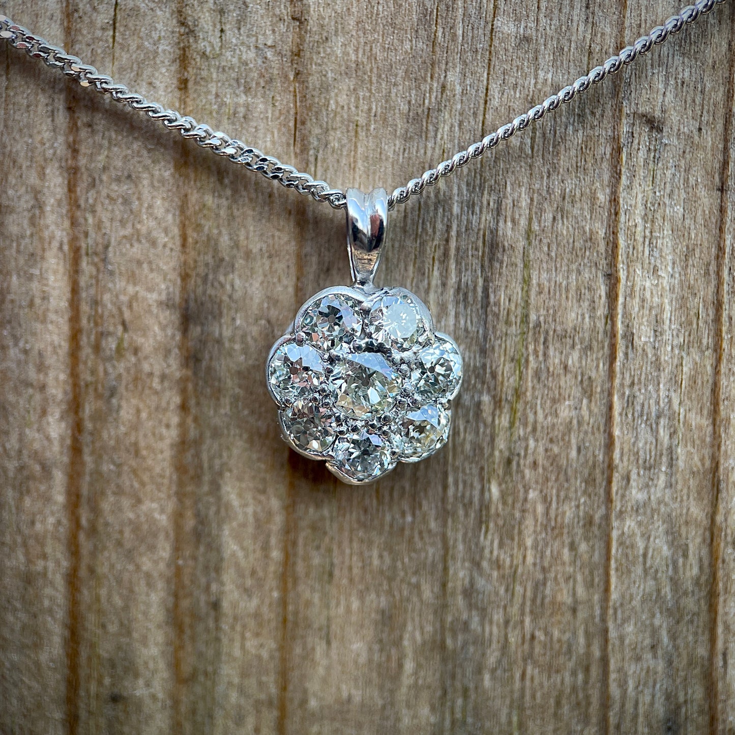 Antique 1.3CT Old Cut Diamond Daisy Pendant Charm & Chain 18" White Gold
